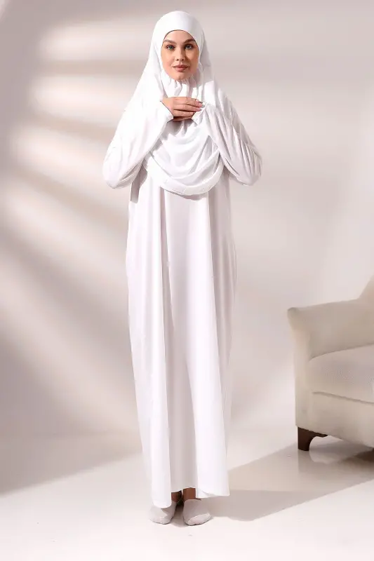 Kadın Çantalı Pratik Tek Parça Namaz Elbisesi - Beyaz-Ekru Beyaz - 4