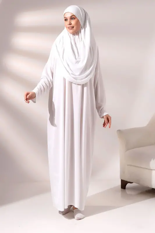 Kadın Çantalı Pratik Tek Parça Namaz Elbisesi - Beyaz-Ekru Beyaz - 3
