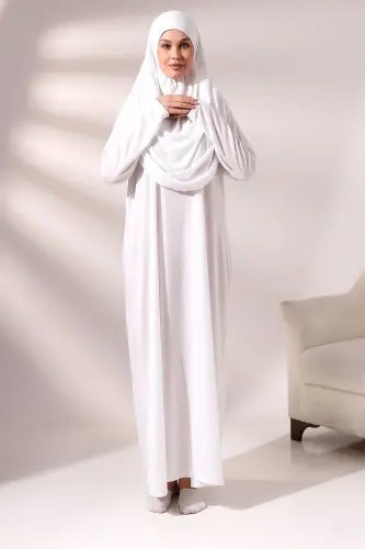 Kadın Çantalı Pratik Tek Parça Namaz Elbisesi - Beyaz-Ekru Beyaz - 4