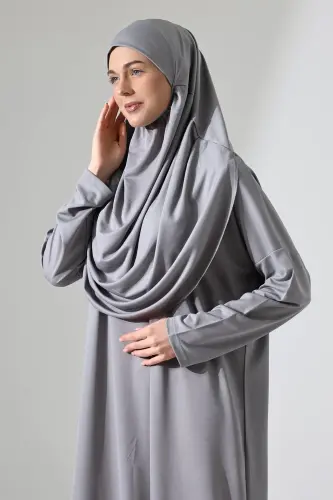 Kadın Çantalı Pratik Tek Parça Namaz Elbisesi - Gri-Gri - 7