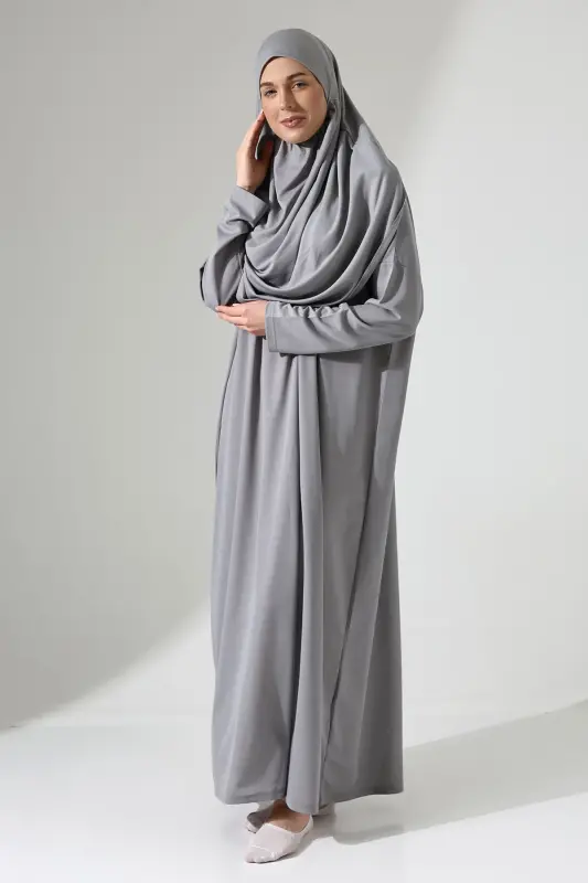 Kadın Çantalı Pratik Tek Parça Namaz Elbisesi - Gri-Gri - 3