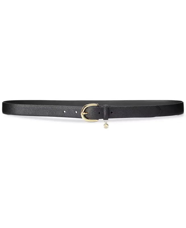 Women's Charm Crosshatch Leather Belt - Black - LAUREN RALPH LAUREN