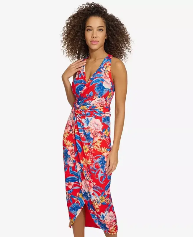 Women's Floral Side-Ruched Sleeveless Midi Dress-Red Multi - 8