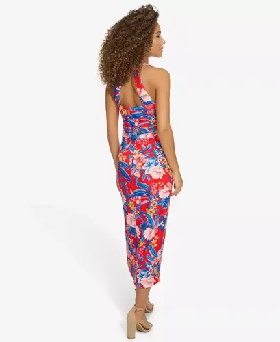 Women's Floral Side-Ruched Sleeveless Midi Dress-Red Multi - 2