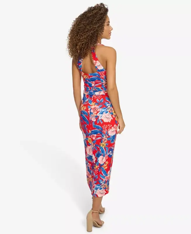 Women's Floral Side-Ruched Sleeveless Midi Dress-Red Multi - 2