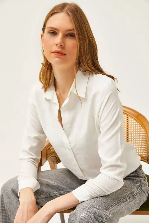 Kadın Çiçek Ekru Jakarlı Saten Detaylı Dokuma Gömlek GML-19001173-Çiçek Ekru - 1