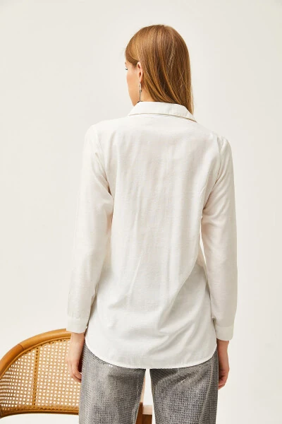Kadın Çiçek Ekru Jakarlı Saten Detaylı Dokuma Gömlek GML-19001173-Çiçek Ekru - Modazone (1)