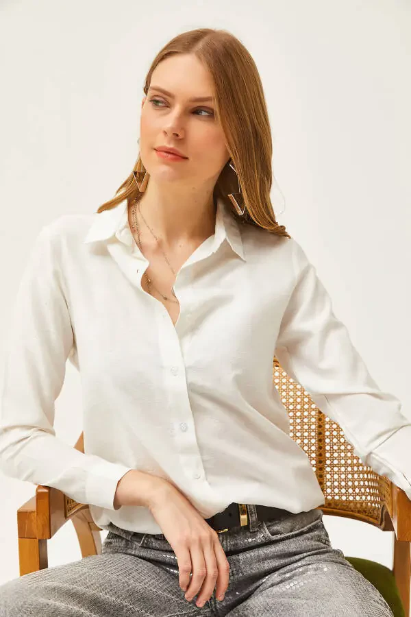 Kadın Çiçek Ekru Jakarlı Saten Detaylı Dokuma Gömlek GML-19001173-Çiçek Ekru - 4