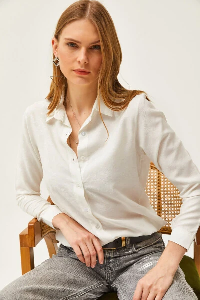 Kadın Çiçek Ekru Jakarlı Saten Detaylı Dokuma Gömlek GML-19001173-Çiçek Ekru - 6