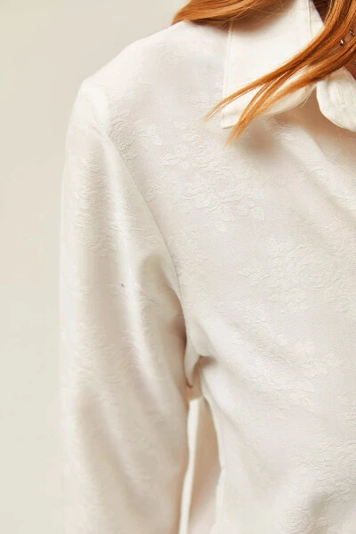 Kadın Çiçek Ekru Jakarlı Saten Detaylı Dokuma Gömlek GML-19001173-Çiçek Ekru - 7