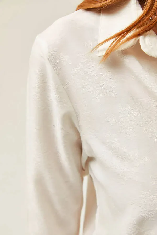 Kadın Çiçek Ekru Jakarlı Saten Detaylı Dokuma Gömlek GML-19001173-Çiçek Ekru - 7