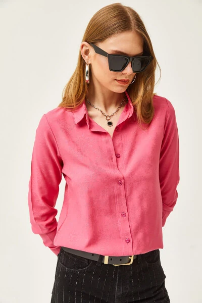 Kadın Çiçek Fuşya Jakarlı Saten Detaylı Dokuma Gömlek GML-19001173-Çiçek Fuşya - 8