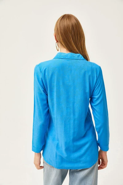 Kadın Çiçek Mavi Jakarlı Saten Detaylı Dokuma Gömlek GML-19001173-Çiçek Mavi - Modazone (1)