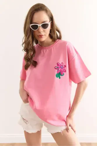 Kadın Çiçek Pembe Ön Arka Baskılı Rahat Kalıp 2 İp Tişört TSH-19000887-Çiçek Pembe - 6