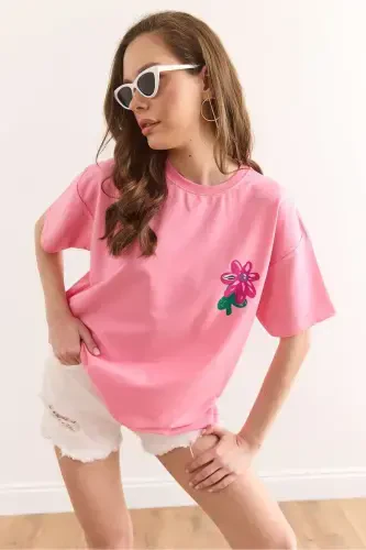 Kadın Çiçek Pembe Ön Arka Baskılı Rahat Kalıp 2 İp Tişört TSH-19000887-Çiçek Pembe - 7