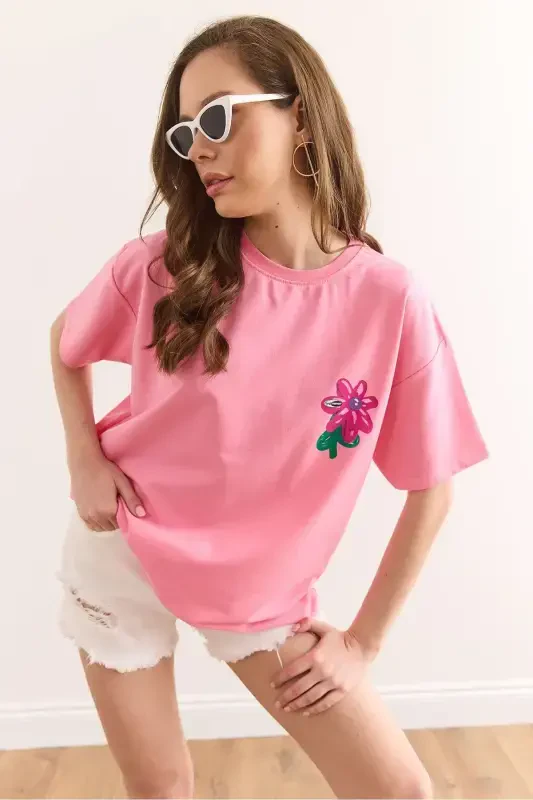 Kadın Çiçek Pembe Ön Arka Baskılı Rahat Kalıp 2 İp Tişört TSH-19000887-Çiçek Pembe - 7