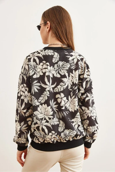 Kadın Çiçek Siyah Basic Yumuşak Dokulu Salaş Sweatshirt SWT-19000457-Çiçek Siyah - 6