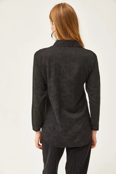 Kadın Çiçek Siyah Jakarlı Saten Detaylı Dokuma Gömlek GML-19001173-Çiçek Siyah - Modazone (1)