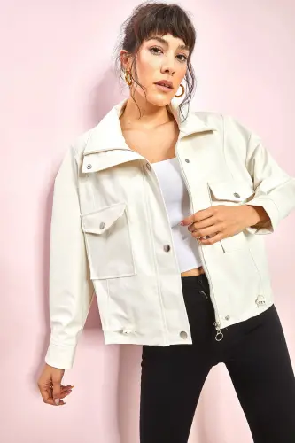 Kadın Çift Büyük Cepli Deri Ceket-Beyaz - 4