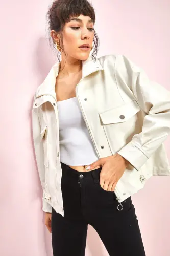 Kadın Çift Büyük Cepli Deri Ceket-Beyaz - 5