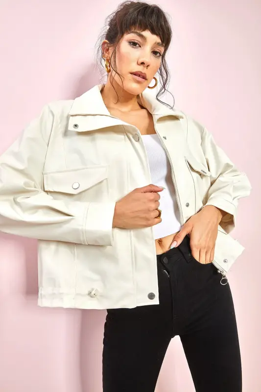 Kadın Çift Büyük Cepli Deri Ceket-Beyaz - 6