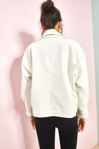 Kadın Çift Büyük Cepli Deri Ceket-Beyaz - 7