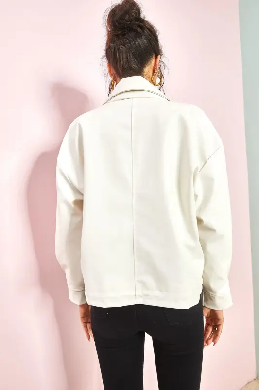 Kadın Çift Büyük Cepli Deri Ceket-Beyaz - 7