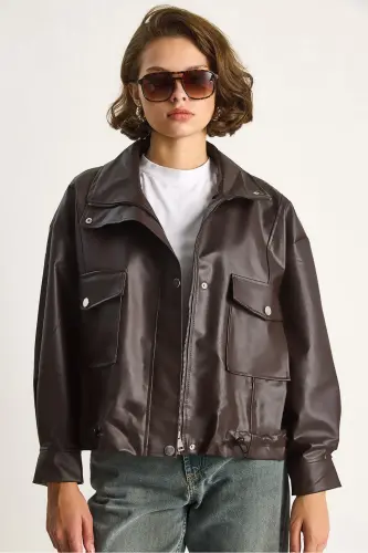 Kadın Çift Büyük Cepli Deri Ceket-Kahve - 1