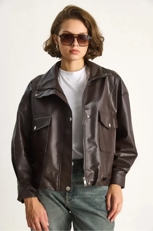 Kadın Çift Büyük Cepli Deri Ceket-Kahve - 2