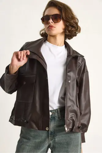 Kadın Çift Büyük Cepli Deri Ceket-Kahve - 3