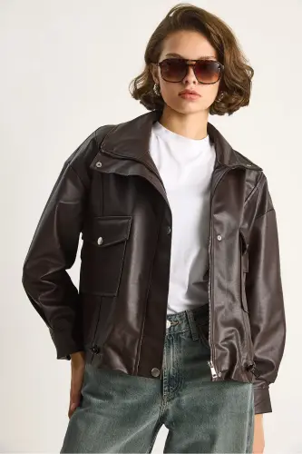 Kadın Çift Büyük Cepli Deri Ceket-Kahve - 4