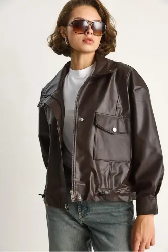 Kadın Çift Büyük Cepli Deri Ceket-Kahve - 5