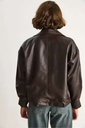 Kadın Çift Büyük Cepli Deri Ceket-Kahve - 6