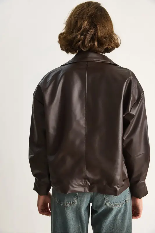 Kadın Çift Büyük Cepli Deri Ceket-Kahve - 6