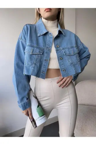 KADIN ÇİFT CEPLİ LAZER KESİM CROP DENİM CEKET ZYN-58394-MAVİ - 1
