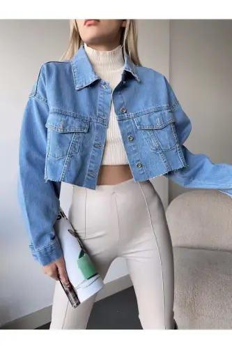 KADIN ÇİFT CEPLİ LAZER KESİM CROP DENİM CEKET ZYN-58394-MAVİ - 4