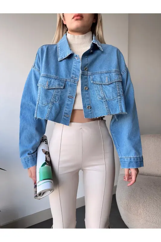 KADIN ÇİFT CEPLİ LAZER KESİM CROP DENİM CEKET ZYN-58394-MAVİ - 5