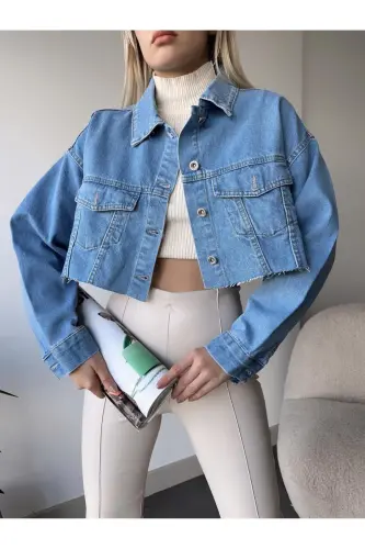 KADIN ÇİFT CEPLİ LAZER KESİM CROP DENİM CEKET ZYN-58394-MAVİ - 6