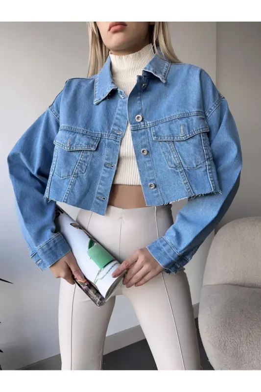 KADIN ÇİFT CEPLİ LAZER KESİM CROP DENİM CEKET ZYN-58394-MAVİ - 6