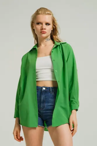 Kadın Çimen Yeşil Oversize Uzun Basic Gömlek ARM-22Y001118-Çimen Yeşil - ARMONIKA (1)