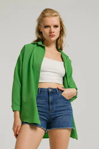 Kadın Çimen Yeşil Oversize Uzun Basic Gömlek ARM-22Y001118-Çimen Yeşil - 3