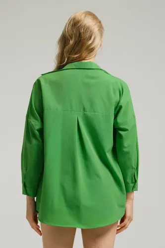 Kadın Çimen Yeşil Oversize Uzun Basic Gömlek ARM-22Y001118-Çimen Yeşil - 4