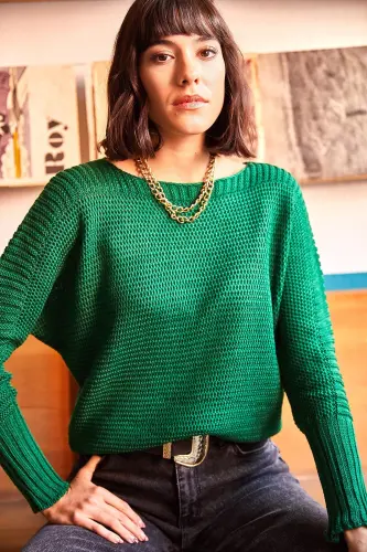 Kadın Çimen Yeşili Kol Detaylı Petek Örgü Kazak KZK-19000399-Çimen Yeşili - 3