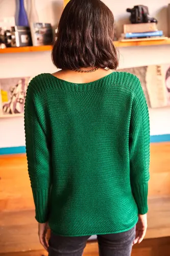 Kadın Çimen Yeşili Kol Detaylı Petek Örgü Kazak KZK-19000399-Çimen Yeşili - 4