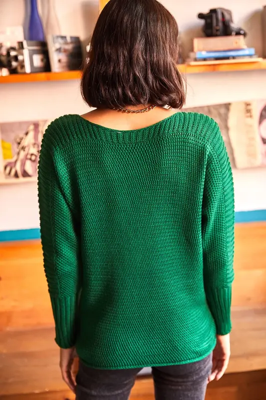 Kadın Çimen Yeşili Kol Detaylı Petek Örgü Kazak KZK-19000399-Çimen Yeşili - 4