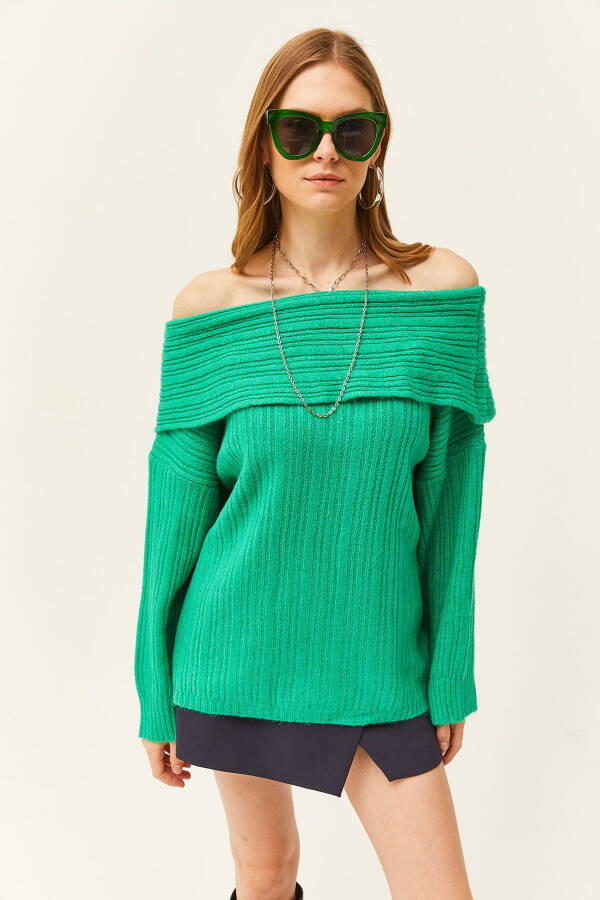 Kadın Çimen Yeşili Madonna Yaka Fitilli Salaş Triko Kazak KZK-19000732-Çimen Yeşili - 2
