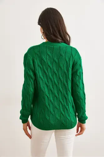 Kadın Çimen Yeşili Saç Örgülü Triko Hırka HRK-19000298-Çimen Yeşili - 7