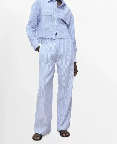 Women's Striped Linen-Blend Trousers Pants - Blue - 1