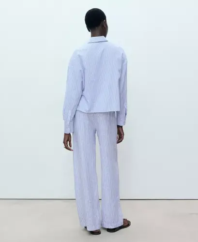 Women's Striped Linen-Blend Trousers Pants - Blue - 2