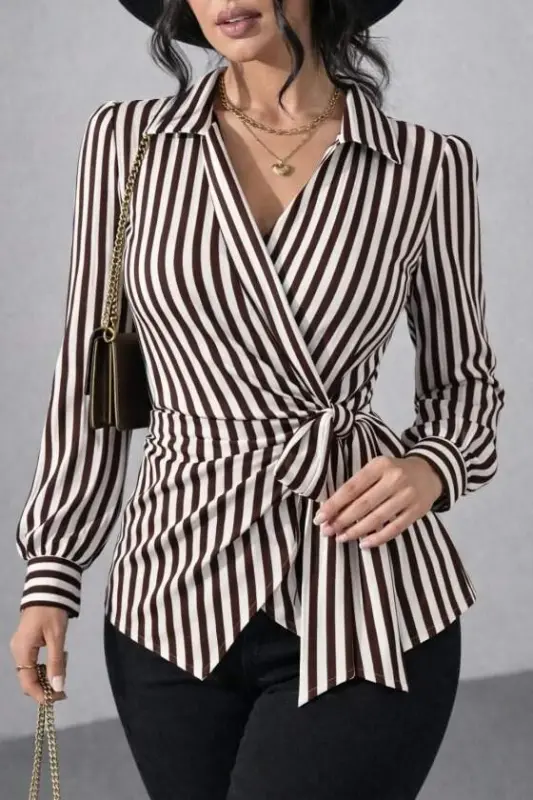 Kadın çizgili Kruvaze Bağlamalı Gömlek - BÜYÜKBEDENIZ